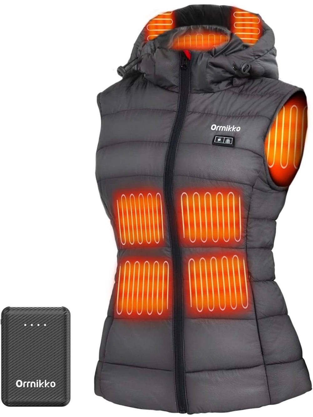 Women's 4 Temp/8 Zone Heated Puffer Vest/Removable Hood- Charcoal Gray. Large